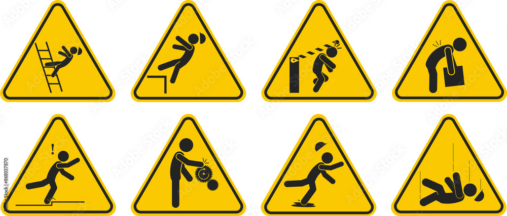 Bundle set triangle yellow safety industrial accident injury pictogram, fall, trip, wet floor, worker above Bundle set triangle yellow safety industrial accident injury pictogram, fall, trip, wet floor, worker above