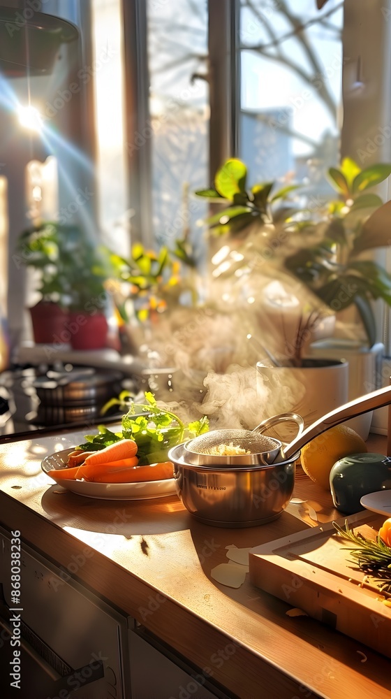 Cozy Kitchen Counter on a Bleak Winter Evening with Steaming Meal Cozy Kitchen Counter on a Bleak Winter Evening with Steaming Meal