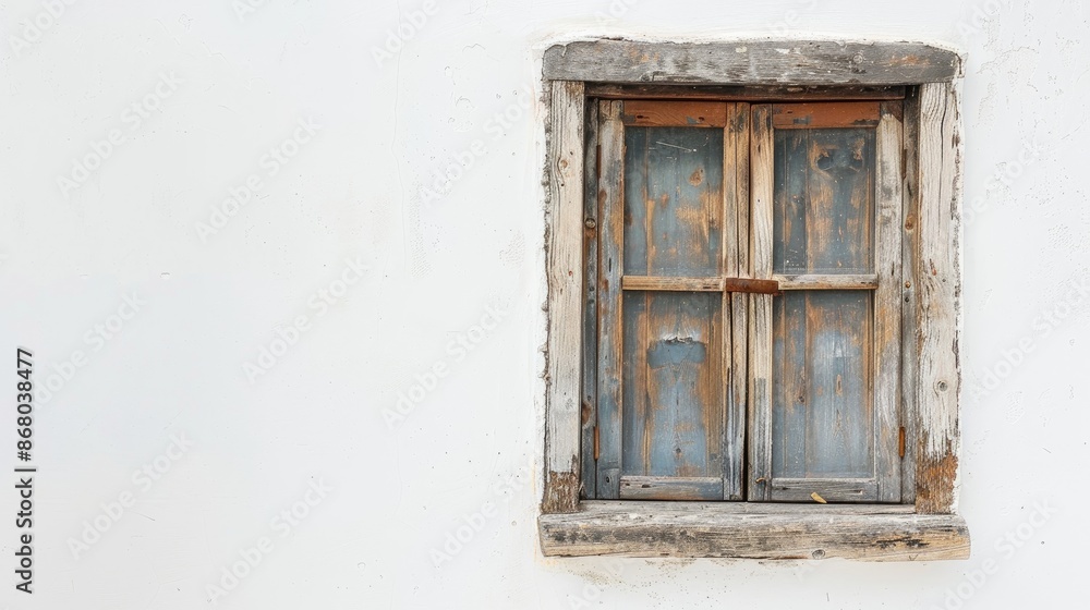 Rustic wooden window frame on white wall with copy space and selective focus Rustic wooden window frame on white wall with copy space and selective focus