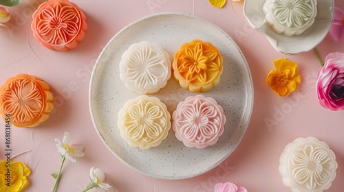 An assortment of traditional and ice skin mooncakes beautifully arranged on wooden and clean white surfaces, showcasing a festive Mid-Autumn Festival setting
