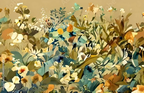 Garden Floral Patterns Animation. A Variety of Garden Flowers Against a Green Backdrop. Animated Dynamic Video. photo