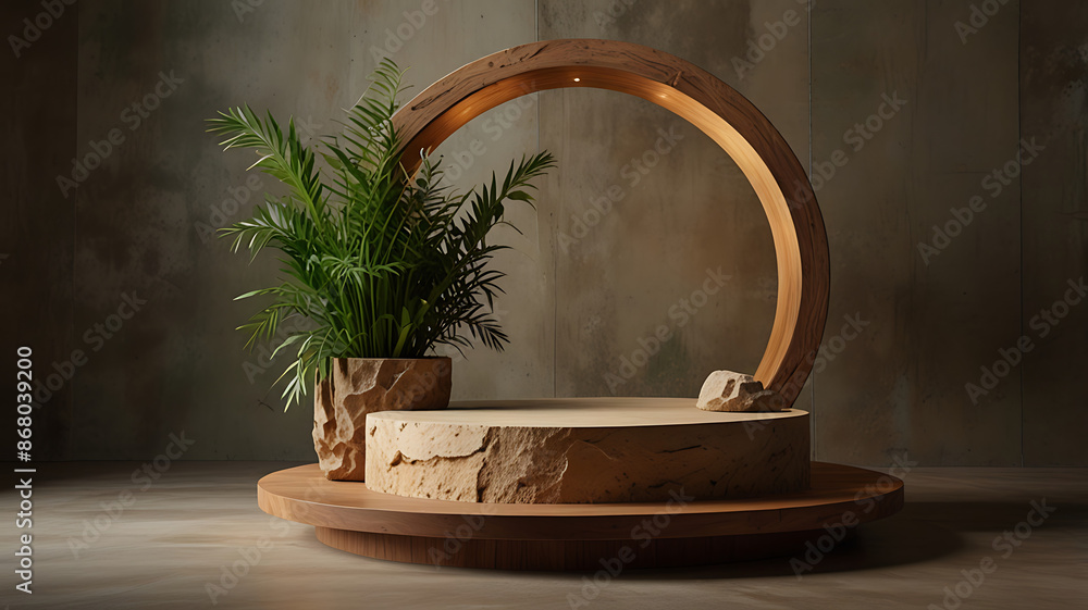 A circular podium with natural textures (wood, stone) and earthy colors (green, brown, beige). The platform should be organic-shaped, with warm lighting and plant elements.
A circular podium with natural textures (wood, stone) and earthy colors (green, brown, beige). The platform should be organic-shaped, with warm lighting and plant elements.