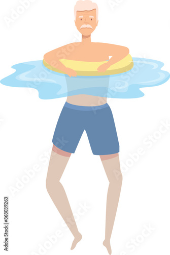 Senior man enjoying his time relaxing and doing aqua gym with an inflatable ring in the swimming pool