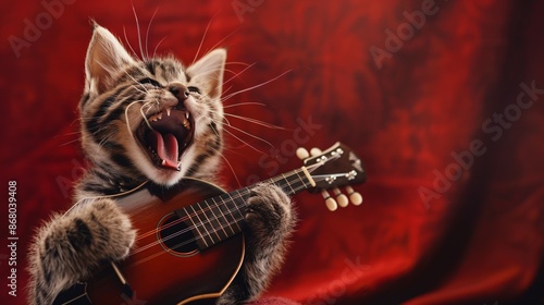 A photo of a cat jubilant playing mandolin, isolated on a dark red background
