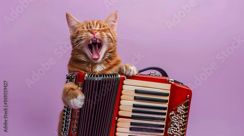 A photo of a cat gleeful playing accordion, isolated on a light purple background