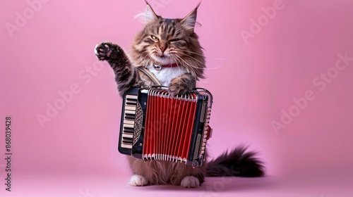A photo of a cat gleeful playing accordion, isolated on a light purple background