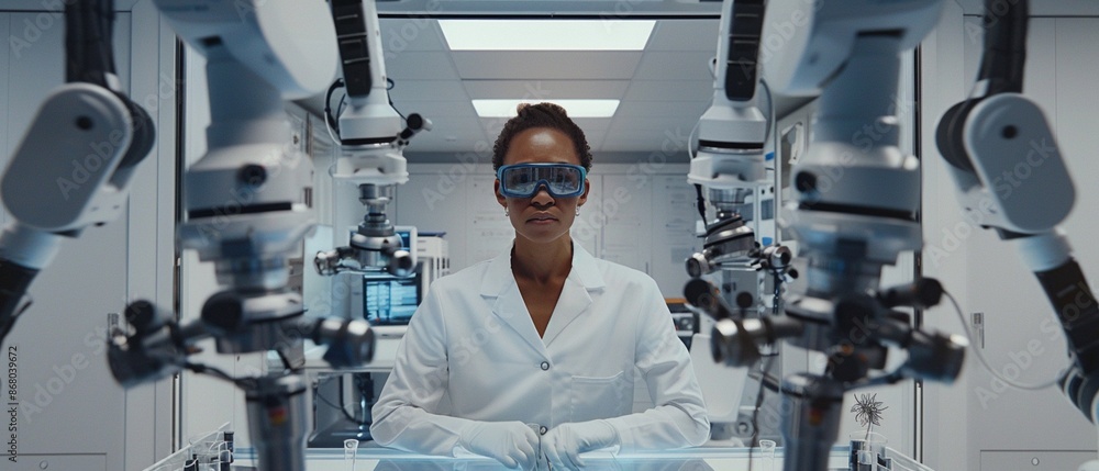 futuristic scientist in high-tech lab with robotic arms, protective eyewear, cool blue lighting futuristic scientist in high-tech lab with robotic arms, protective eyewear, cool blue lighting