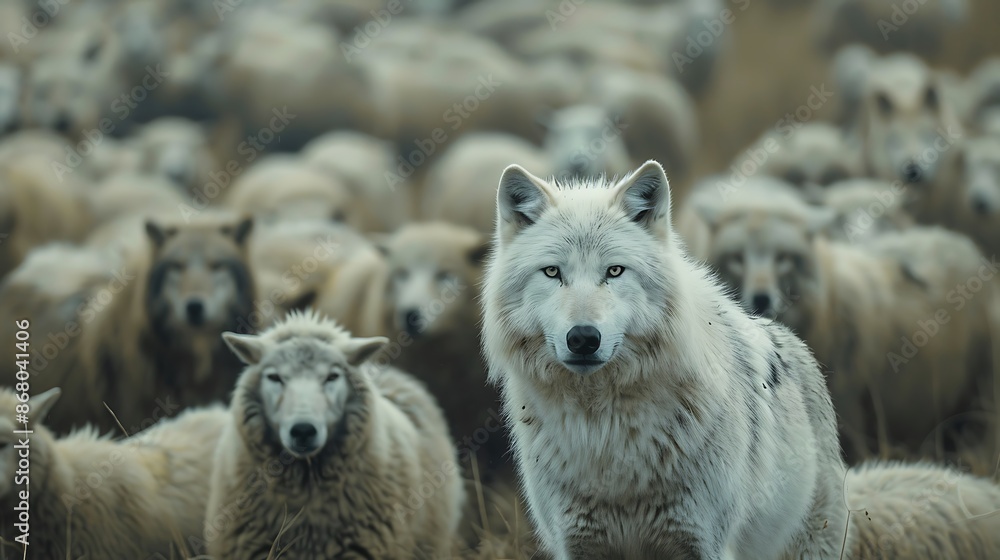 Fototapeta premium A white wolf stands in a herd of sheep looking fierce 