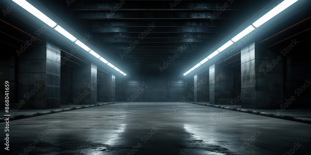 Empty Underground Parking Garage with Glowing Lights Empty Underground Parking Garage with Glowing Lights