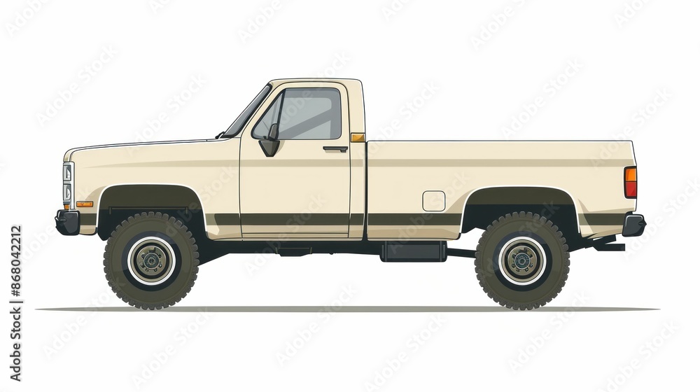 White pickup truck suspension on white background adventure travel and business trip concept illustration White pickup truck suspension on white background adventure travel and business trip concept illustration