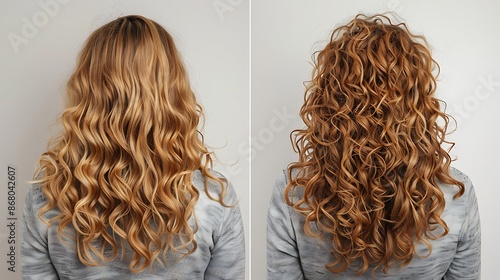 A woman with curly hair is shown from the back in two photos one with more defined curls and the other with less defined curls
