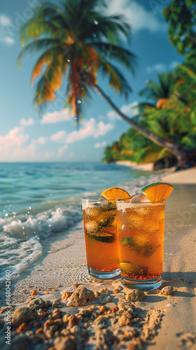 Beautiful beach with iced tea