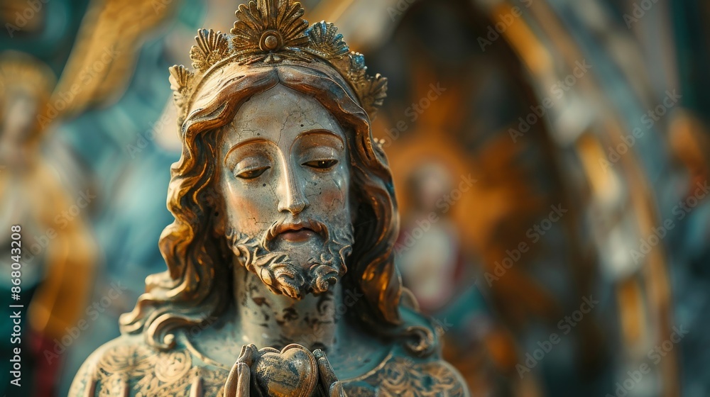 Obraz premium Banner background of Church Day theme banner design for microstock, no text, and wide copy space, [Sacred Heart Statue: A close-up of a Sacred Heart statue], 