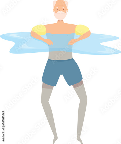 Senior man wearing inflatable armbands relaxing in swimming pool, active and healthy lifestyle in old age concept