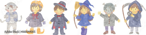 ハロウィンの仮装をする子供たちの水彩タッチのベクターイラスト
