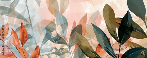 Abstract botanical leaves in autumnal colors, digital painting. Nature and art concept