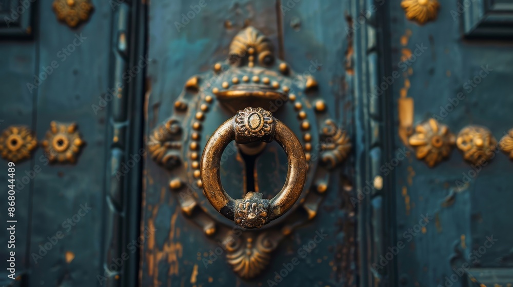 Fototapeta premium Banner background of Church Day theme banner design for microstock, no text, and wide copy space, [Church Door Knocker: A detailed shot of a vintage church door knocker], 