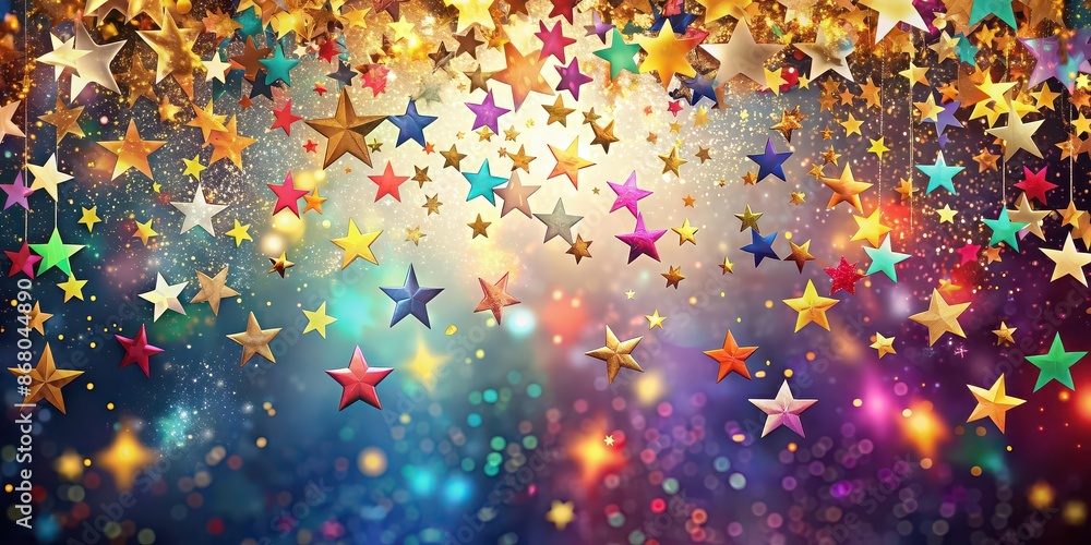 Stars and confetti falling on a festive background, celebration, party, decoration, festive, shiny, sparkle, glitter, fun Stars and confetti falling on a festive background, celebration, party, decoration, festive, shiny, sparkle, glitter, fun