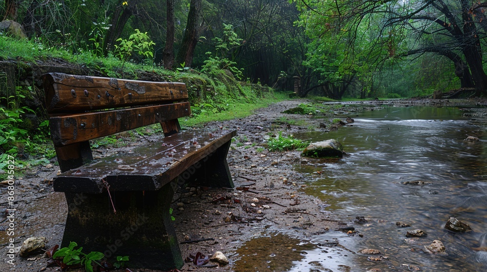 Tranquil Wooden Bench by Quiet Stream in Drizzle Weather Tranquil Wooden Bench by Quiet Stream in Drizzle Weather