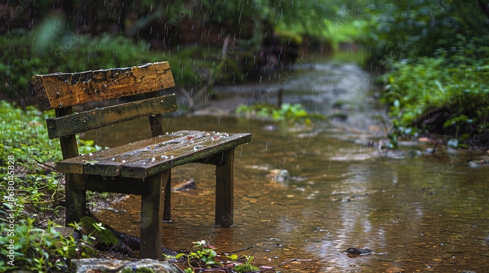 A rustic wooden bench sitting empty beside a quiet stream during a drizzle A rustic wooden bench sitting empty beside a quiet stream during a drizzle