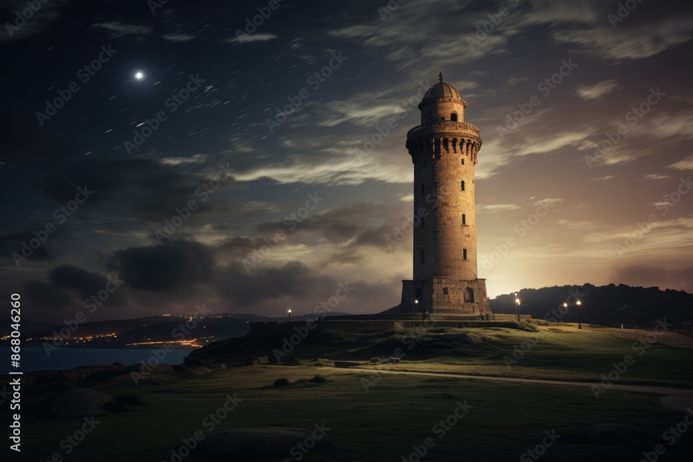 Naklejka premium The Tower of Hercules , where a celestial beacon guides lost souls.