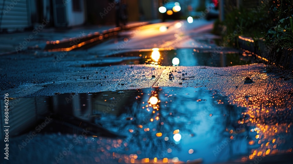 Obraz premium Urban Night Photography: Mesmerizing Reflection of Street Lights in Rainy Alley Puddles