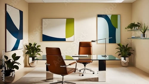  A contemporary office room with a glass desk, ergonomic chair, and abstract art on the walls. 