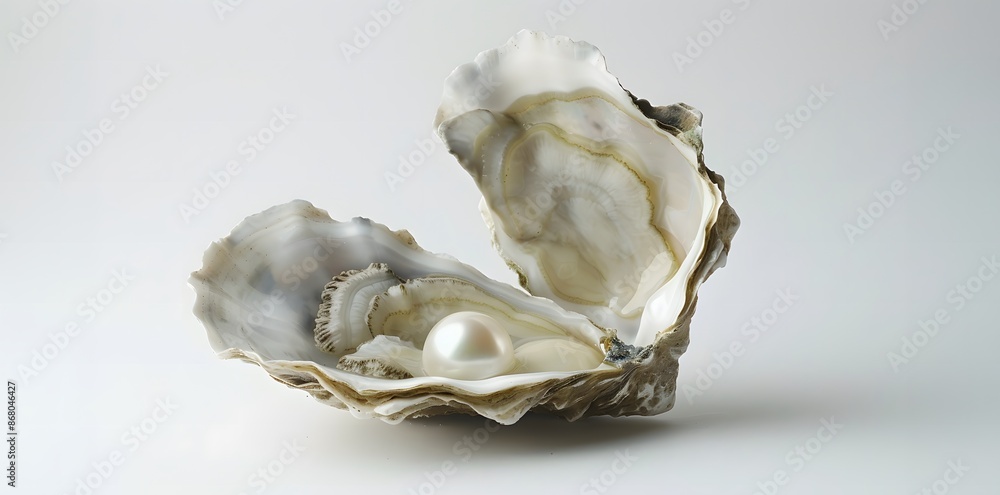 An open oyster shell reveals a lustrous pearl inside, set against a plain white background. An open oyster shell reveals a lustrous pearl inside, set against a plain white background.