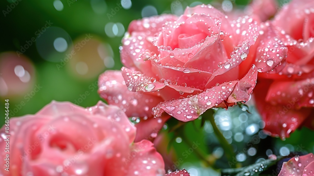 Refreshing Raindrops: Pink Roses Bloom in a Water-Drenched Garden Refreshing Raindrops: Pink Roses Bloom in a Water-Drenched Garden