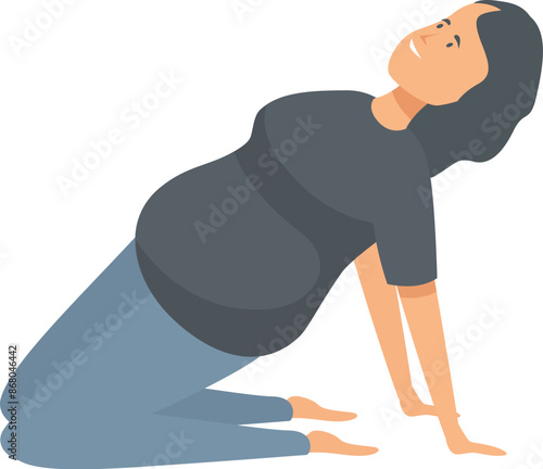 Pregnant woman is doing prenatal exercises, kneeling and stretching her back