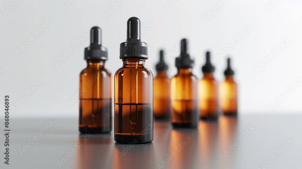 Amber glass dropper bottles on a reflective surface with white background, focus on the foreground bottle. Healthcare and beauty product concept Amber glass dropper bottles on a reflective surface with white background, focus on the foreground bottle. Healthcare and beauty product concept