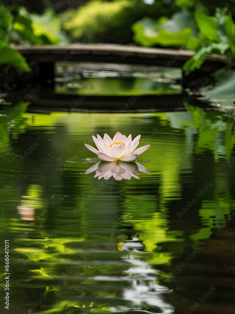 A serene photograph of a tranquil pond with a single lotus flower floating on the surface. A serene photograph of a tranquil pond with a single lotus flower floating on the surface.