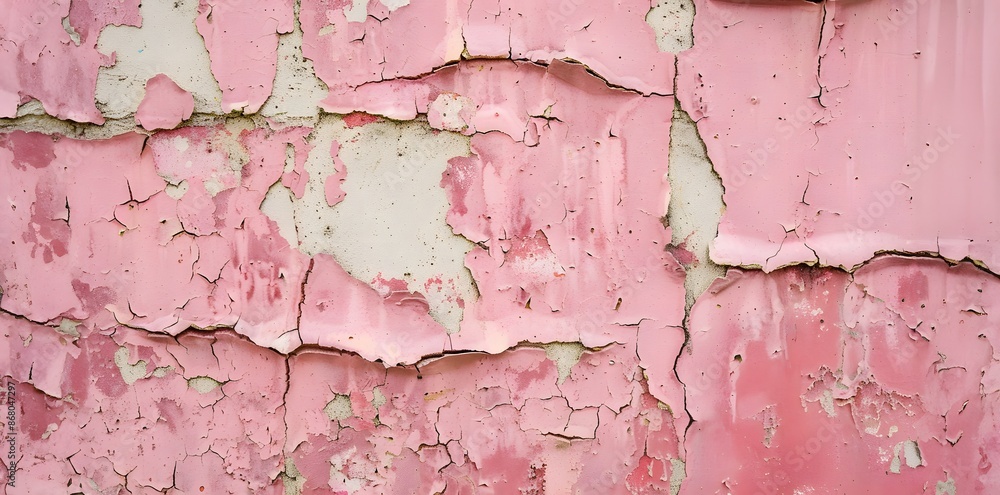 Obraz premium A close-up of a wall with peeling pink paint revealing the rough surface underneath, creating a textured, aged look.