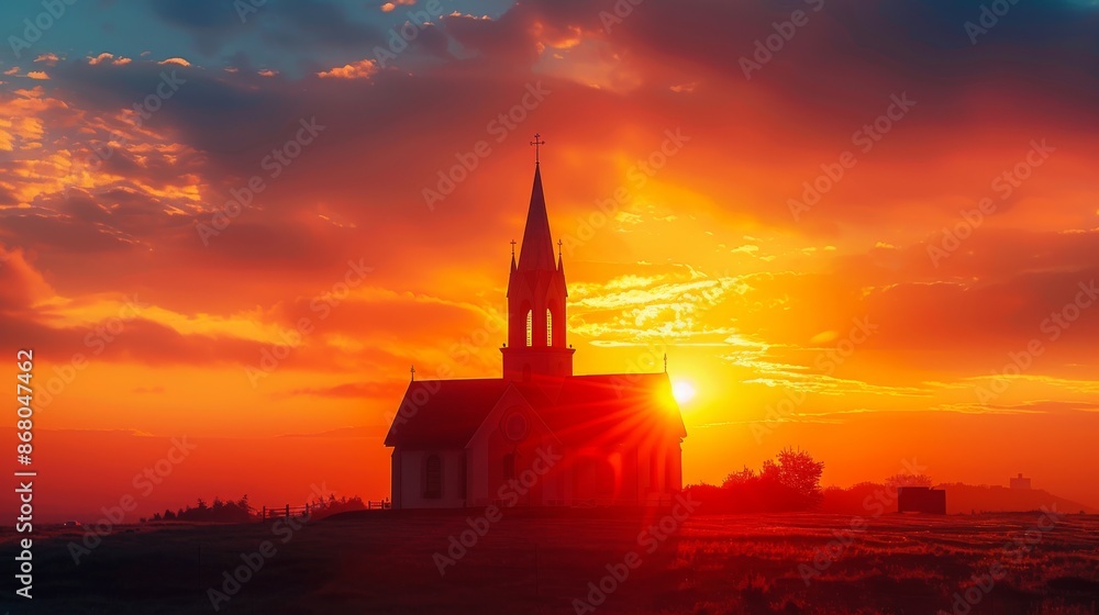 Obraz premium Banner background of Church Day theme banner design for microstock, no text, and wide copy space, [Sunrise Behind a Steeple: A church steeple with the sun rising behind it, casting a warm glow], 