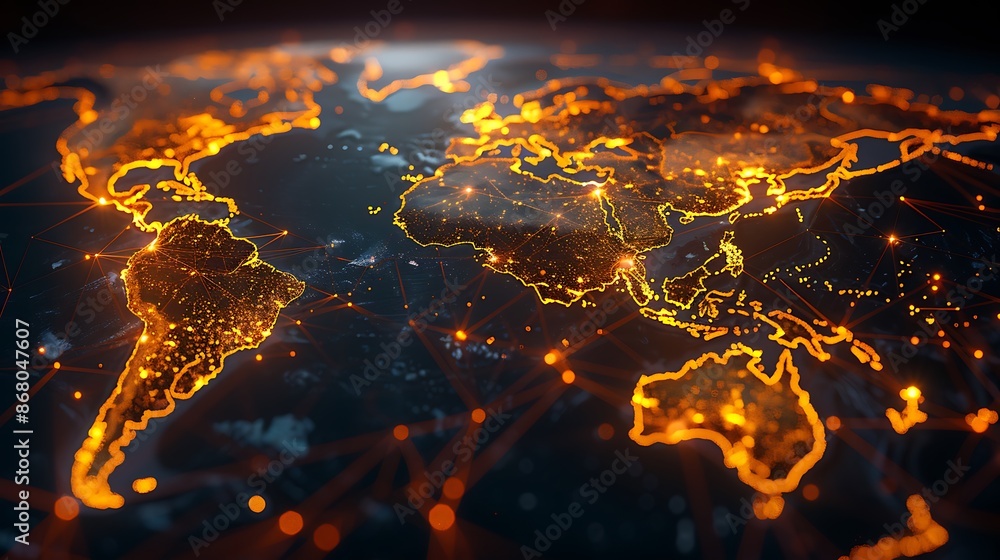A world map is shown with glowing yellow lines connecting different countries A world map is shown with glowing yellow lines connecting different countries