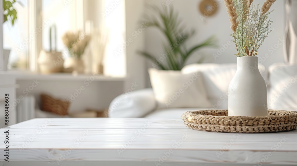 Sleek Showcase: Blank Minimalist White Tabletop with Blurred Home Decor for Interior Design Product Presentations Sleek Showcase: Blank Minimalist White Tabletop with Blurred Home Decor for Interior Design Product Presentations