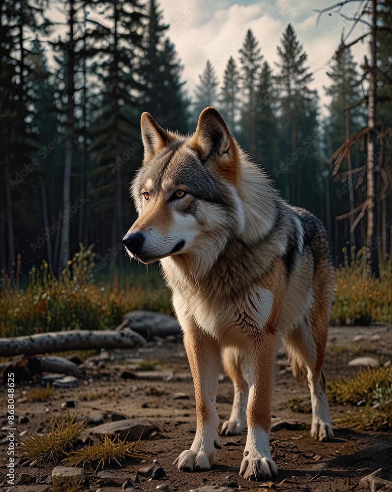 A wild gray wolf, a canine predator with thick fur, stands alert in a winter forest A wild gray wolf, a canine predator with thick fur, stands alert in a winter forest