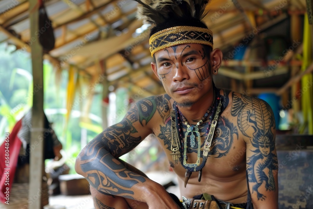 Portrait of a Tattooed Man in Traditional Headwear Portrait of a Tattooed Man in Traditional Headwear