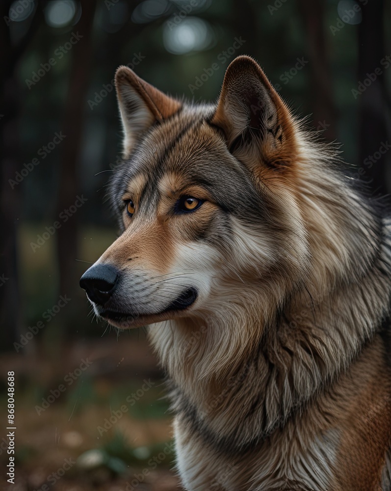 A wild gray wolf, a canine predator with thick fur, stands alert in a winter forest