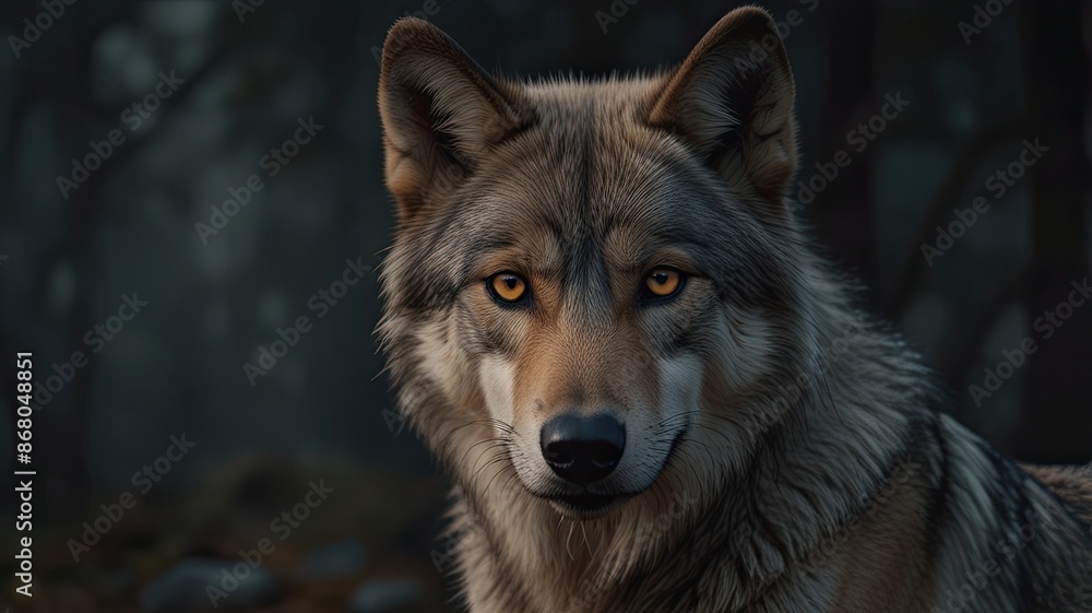A wild gray wolf, a canine predator with thick fur, stands alert in a winter forest A wild gray wolf, a canine predator with thick fur, stands alert in a winter forest
