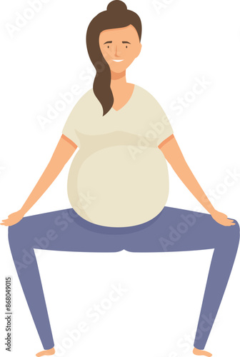 Smiling pregnant woman practicing yoga, doing sumo squat, enjoying active and healthy pregnancy