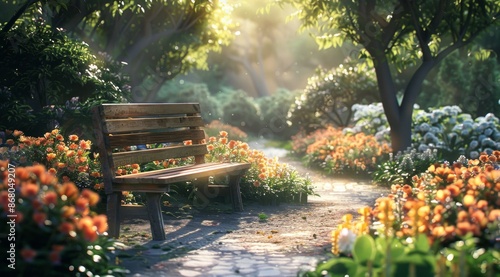 A Wooden Bench in a Tranquil Morning Garden