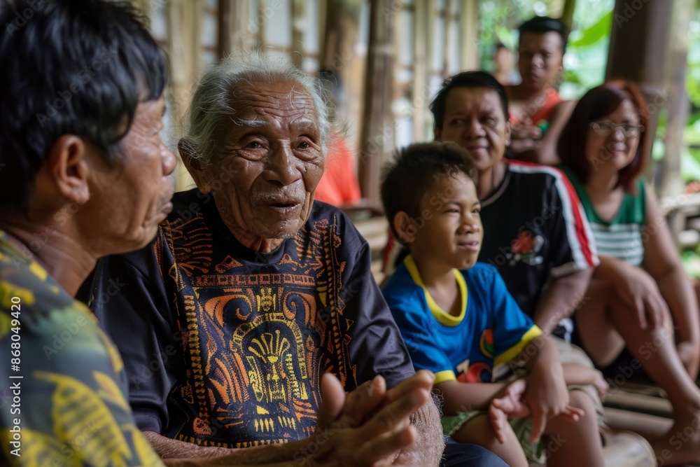 Elderly Man Surrounded by Family in a Rustic Setting Elderly Man Surrounded by Family in a Rustic Setting