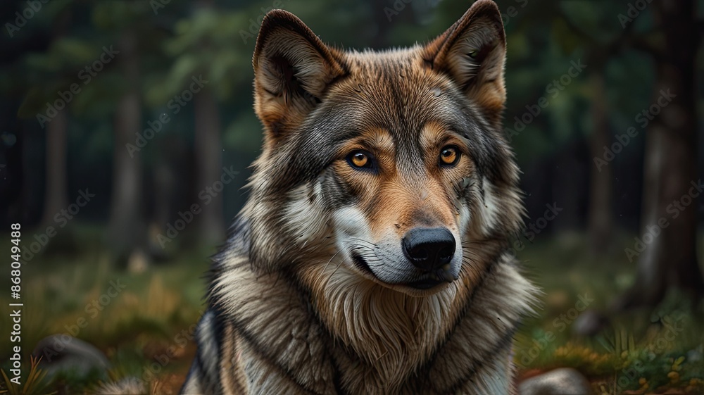 A wild gray wolf, a canine predator with thick fur, stands alert in a winter forest