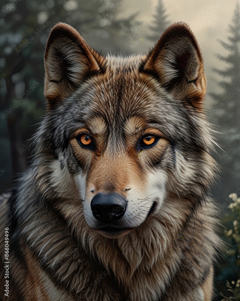 A wild gray wolf, a canine predator with thick fur, stands alert in a winter forest A wild gray wolf, a canine predator with thick fur, stands alert in a winter forest