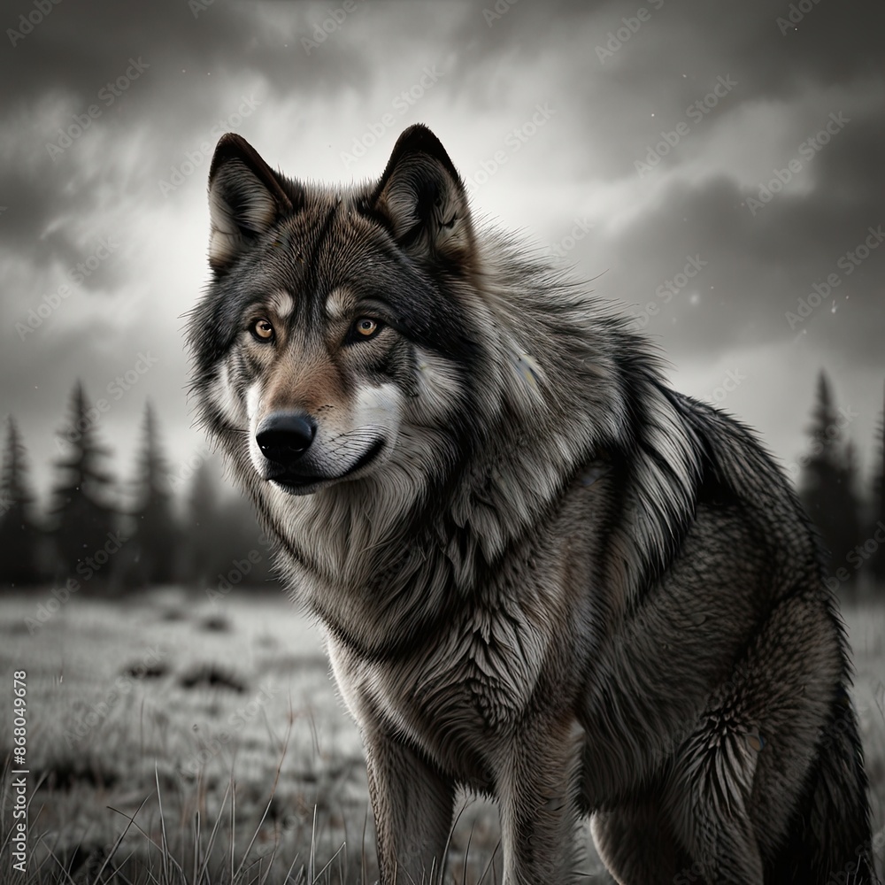 Fototapeta premium A wild gray wolf, a canine predator with thick fur, stands alert in a winter forest