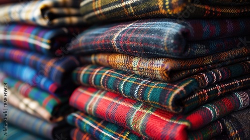 Vibrant Stack of Scottish Tartan Fabrics Showcasing Distinct Clan Patterns © Wp Background