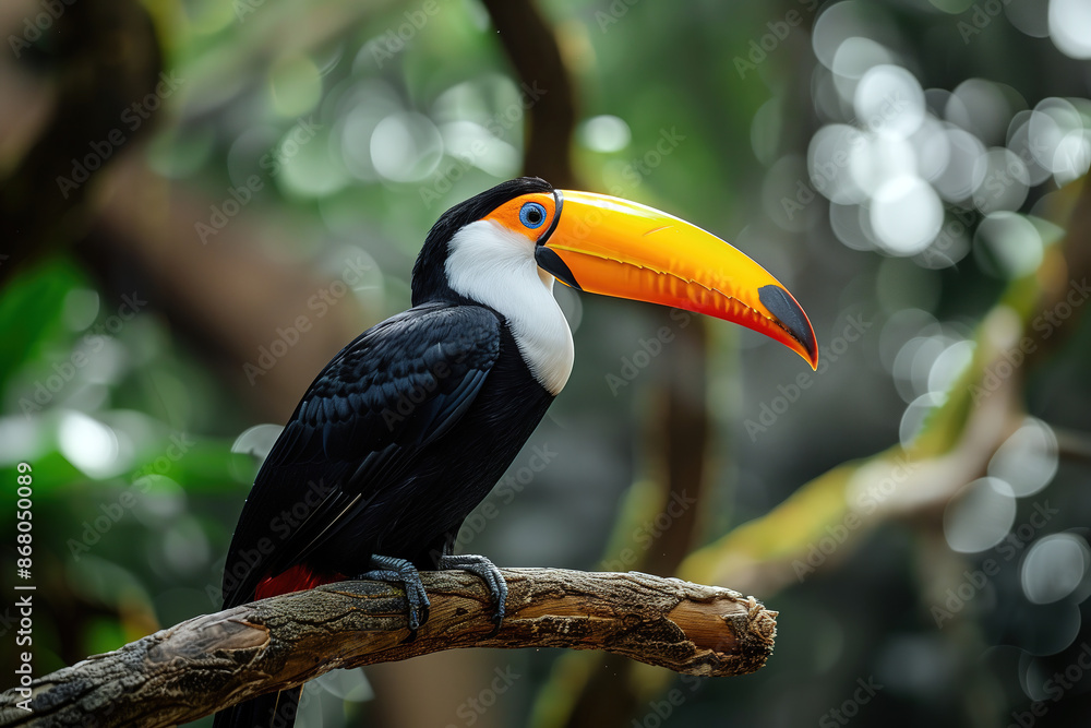 Naklejka premium Vibrant Toucan Perched on Branch in Tropical Forest with Blurred Background