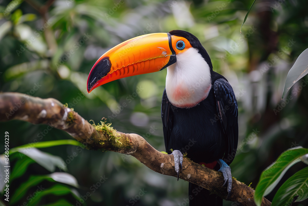 Vibrant Toucan Perched on Branch in Tropical Forest with Blurred Background Vibrant Toucan Perched on Branch in Tropical Forest with Blurred Background