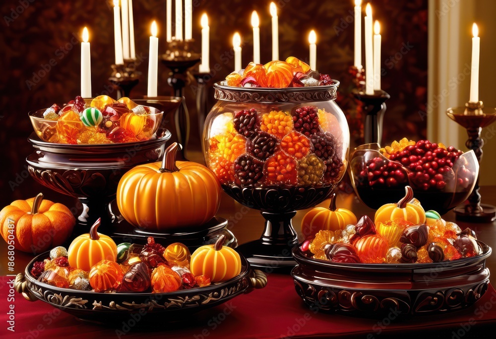 festive thanksgiving candy display elegant bowls, sweets, decorations, centerpiece, buffet, table, arrangement, treats, dessert, gathering, celebration, decor festive thanksgiving candy display elegant bowls, sweets, decorations, centerpiece, buffet, table, arrangement, treats, dessert, gathering, celebration, decor